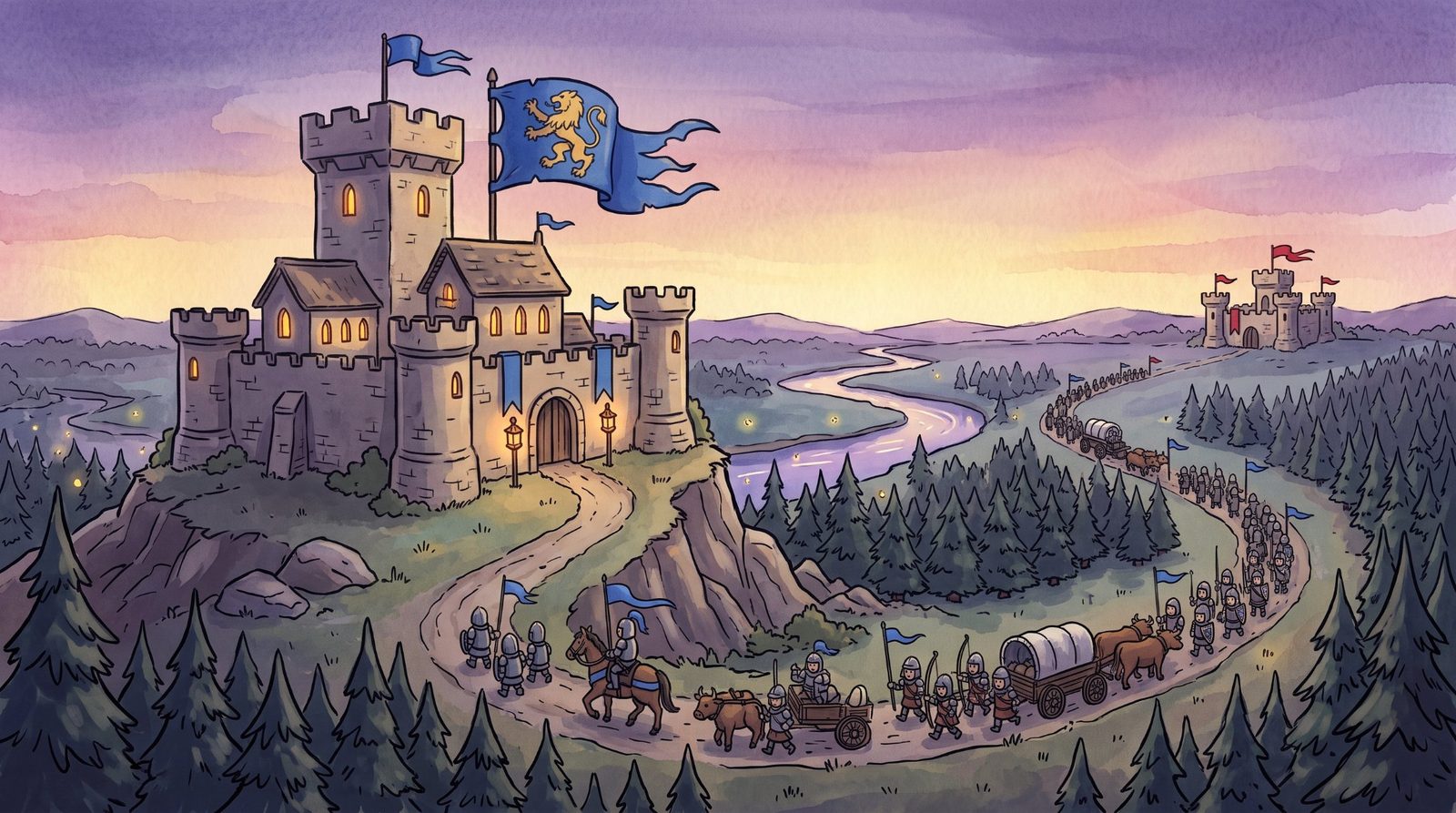 A blue-bannered castle at dusk, its army marching out along the road