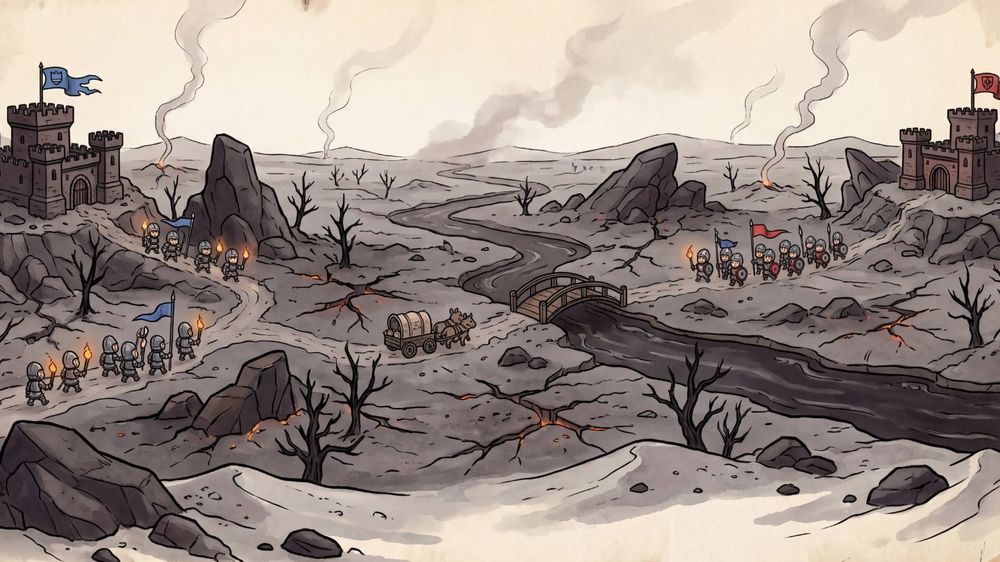 Cinder Steppe: dark castles on an ash plain with ember cracks and smoke