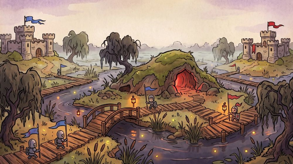 Mirefen: plank walkways over a lantern-lit marsh, a goblin cave in the mound
