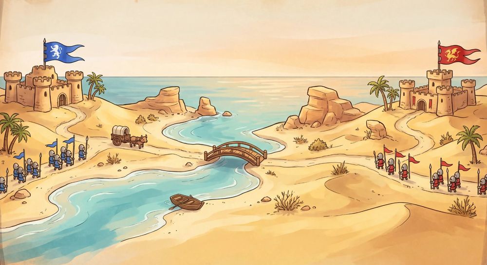 Sunfall Dunes: sandstone castles on golden dunes beside a turquoise inlet