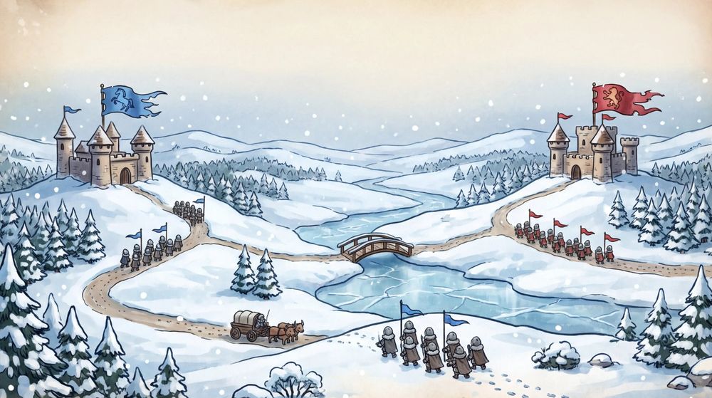 Winterhold: two castles across a frozen river, snow on the pines